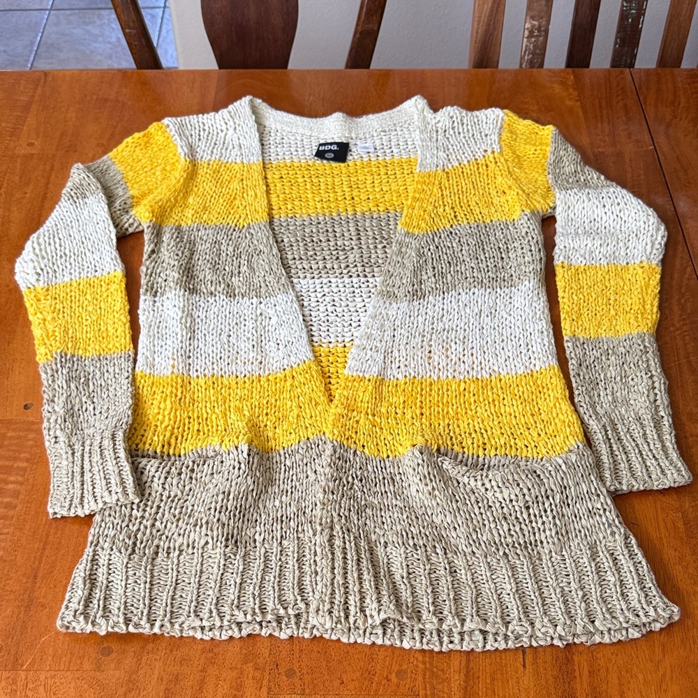 BDG Striped Open-Front Cardigan in Yellow, Cream, Tan